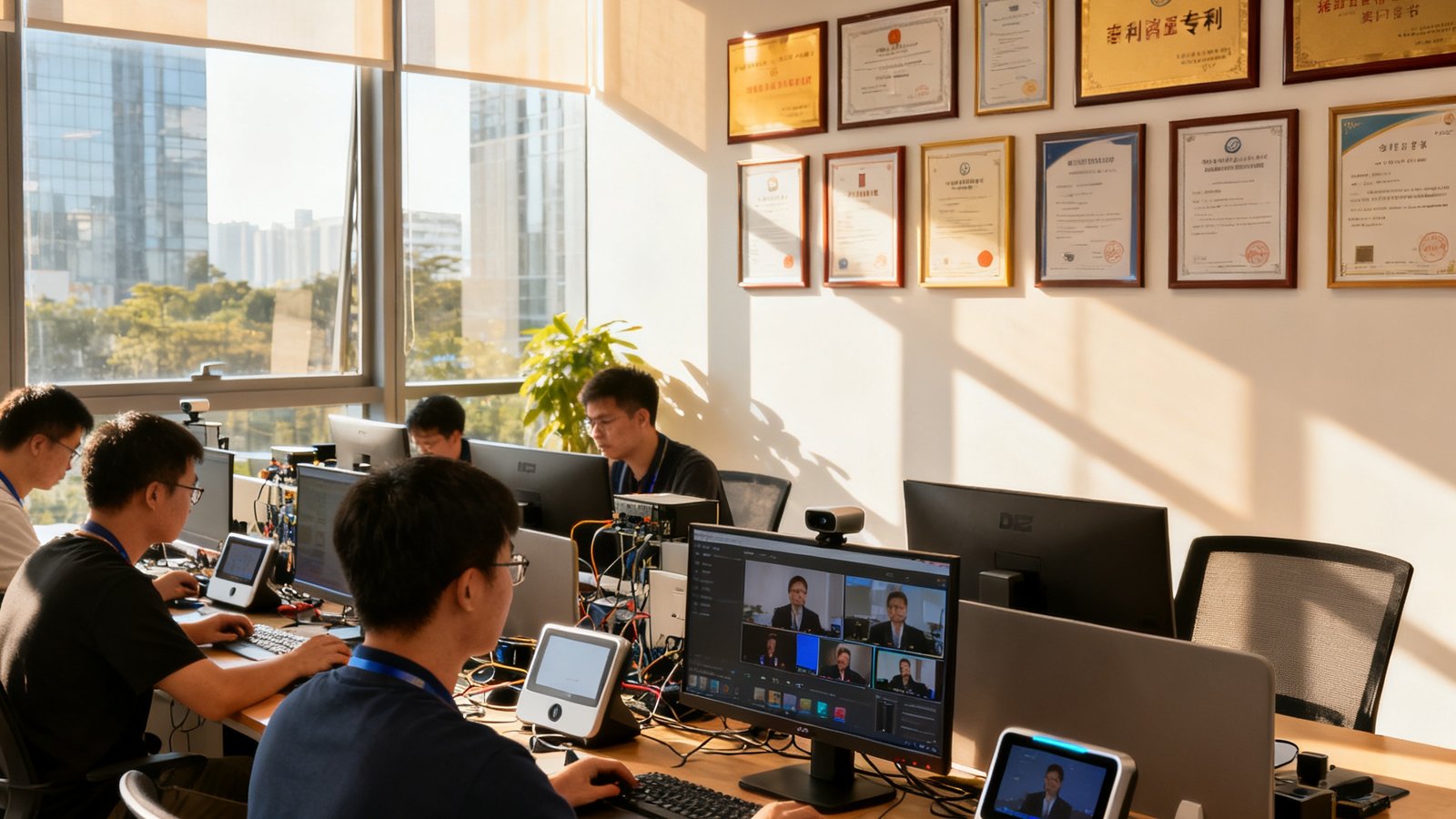 DS视讯厅深圳总部开放式办公区实景，研发团队成员正在调试视频会议硬件终端与软件平台，墙上挂满了专利证书和客户感谢信，阳光透过落地窗洒在工位上。