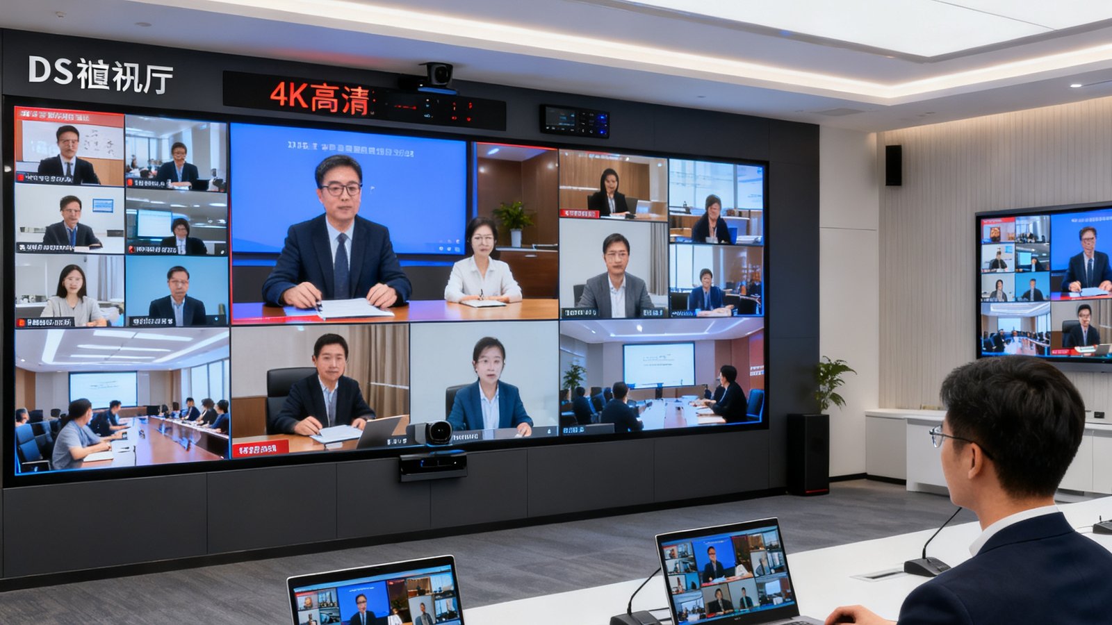 DS视讯厅4K超高清视频会议系统在大型会议室的实景运行画面，多屏联动展示远程协作场景，画面清晰锐利，参会者通过笔记本电脑和会议室大屏同时接入会议。