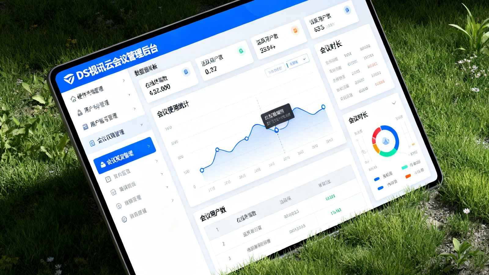 DS视讯云会议管理后台Web界面，管理员可通过浏览器统一管理所有硬件终端、用户账号和会议权限，数据看板实时展示会议使用统计。