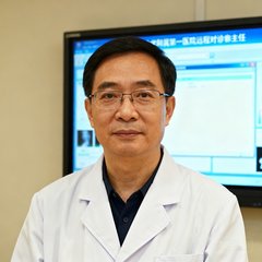 中山大学附属第一医院远程会诊中心主任李医生的职业头像，穿着白大褂，站在医院远程会诊中心屏幕前。