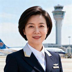 南方航空信息部总经理王女士的职业头像，短发干练，身着航空制服风格的商务套装，背景为机场塔台。